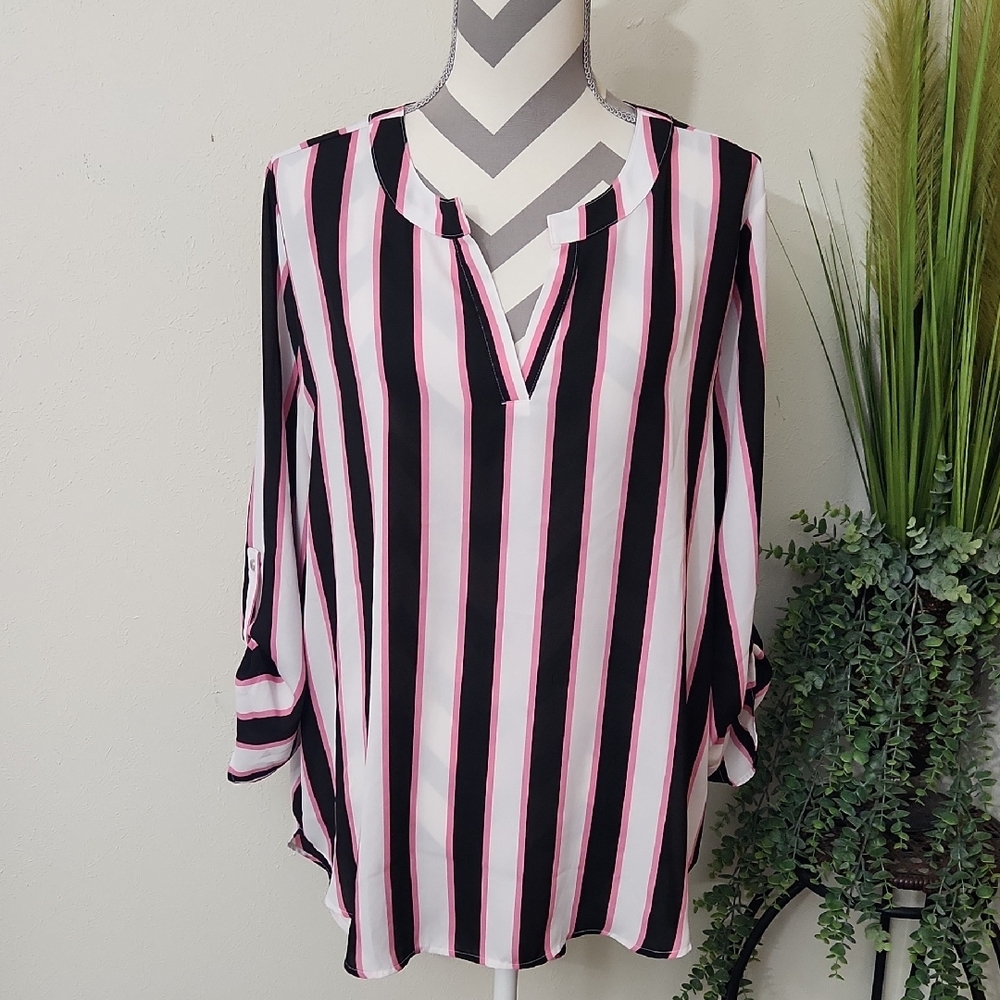 Cato Black, White & Pink Vertical Stripe V-Neck Blouse